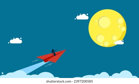 Leader of ideas above the clouds. woman controls a paper rocket to the moon 