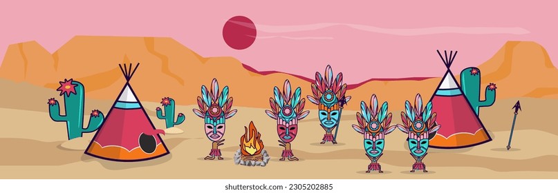 the leader of the Indian tribe in a mask dances near the fire