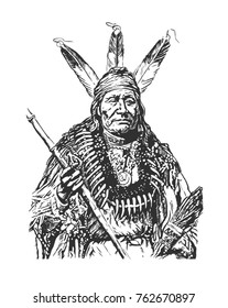 Leader of the Indians. Portrait. American native chief. Hand drawn illustration.