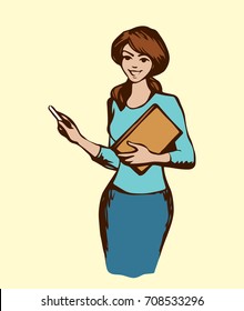 Leader lady explain training. Public instructor specialist isolated on white background. Bright color hand drawn picture sketch in modern doodle cartoon graphic style pen on paper with space for text