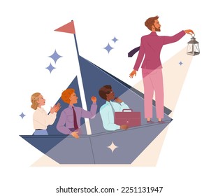El equipo líder en dirección al futuro dirigiendo y navegando con linterna en la ilustración de vectores de barco