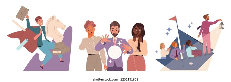 Leader Leading Team to Future Directing and Navigating with Lantern on Boat and Crystal Ball Vector Set