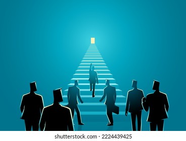 Leader leads his men up to a bright door, opportunity, innnovation, success concept