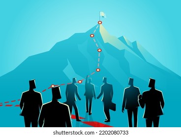 Leader leads his men to the top of the mountain and reach the goal, vector illustration