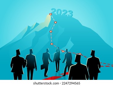 Leader leads his men to the top of the mountain, businessmen looking at the fuzziness of the year 2023 from distance, forecast, prediction in business, vector illustration