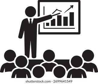 Leader leads team presentation with charts and graphs to a group of attentive coworkers for corporate meeting seminar