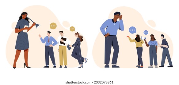 Leader listens advice of employees. Smart boss pays attention to feedback of customers and his team. Business development based on experience. Cartoon flat vector collection on white background