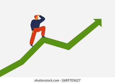 leader olha adiante enquanto está em um gráfico verde crescente. Previsão de crescimento econômico, visão de negócios para o investimento, aumentar o lucro, conceito de melhoria de ganhos.