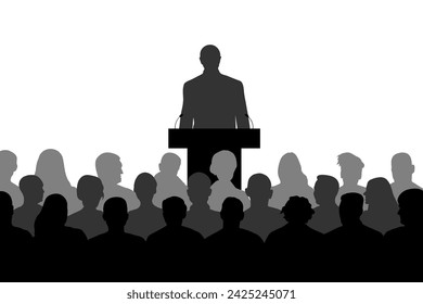 Leader man near tribune and crowd of people, silhouette. Vector illustration