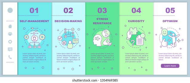 Leader and management skills onboarding mobile web pages vector template. HR qualities. Curiosity, optimism. Responsive smartphone website interface. Webpage walkthrough step screens. Color concept