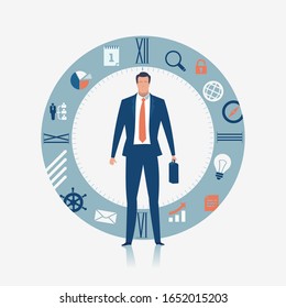 Leader. Manager stands in front of clock face and business icons. Business illustration. 