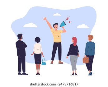 Leader megaphone speech. Executive employees strike, man shout in loudspeaker crowd people, loud announce speaker yelling company announcement, communication vector illustration of employee megaphone