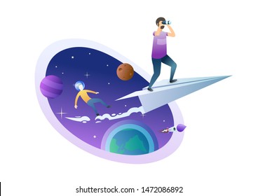 Leader moving to goal metaphor flat vector illustration. Cartoon businessman in paper plane holding binoculars. Workplace rivalry concept. Worker betraying colleague, friend, leaving loser in troubles