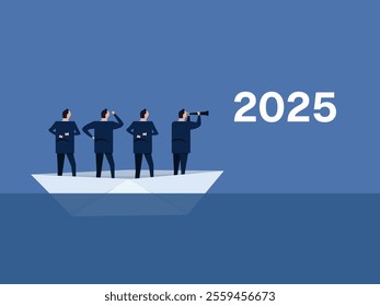 leader navigate in ship with employee business person looking for future new year company leadership looking at 2025 telescope