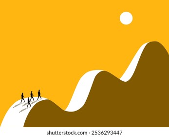 Leader, obstacle. Team of businessmen walk on an increasingly steep hill