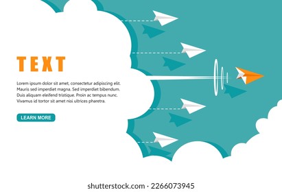 Leader Orange paper plane fly supersonic speed on the blue sky. Vector illustration flat design for poster, banner, presentation, and background.