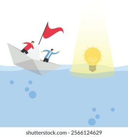 Leader orders shipwreck staff to find new ideas, Vector illustration in flat style