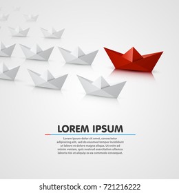 Leader paper boat different, red object. Vector illustration