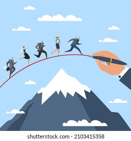 Leader paves the right way to overcome obstacles. Huge hand draws path, office workers and employee running to goal, business direction, teamwork and leadership vector isolated concept