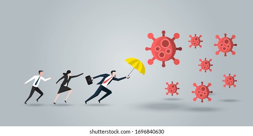 Leader Protect His Team, A Businessman With Yellow Umbrella  Defense Coronavirus 2019 Or Covid-19, Business Concept Of Teamwork And Leadership. Vector Ilustration.