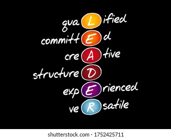 LEADER - Qualified, Committed, Creative, Structured, Experienced, Versatile acronym, business concept background