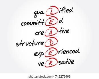 LEADER - Qualified, Committed, Creative, Structured, Experienced, Versatile acronym, business concept background