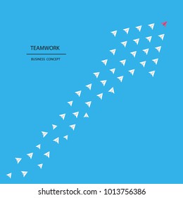 A leader red paper plane bring up white paper planes to sky and flying together become arrow. Business teamwork concept,  minimalist style.