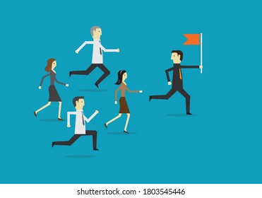 The leader run with a flag to guide the team, Vector illustration in flat style