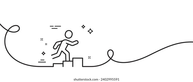 Icono de línea de ejecución del líder. Una línea continua con curl. Persona corriendo el cartel. Símbolo de crecimiento de negocio. El líder ejecuta una cinta de contorno simple. Patrón de curva de bucle. Vector