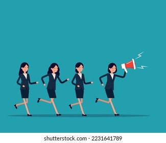 Leader running and shouting with megaphone with a group of follower behind. Marketing vector style