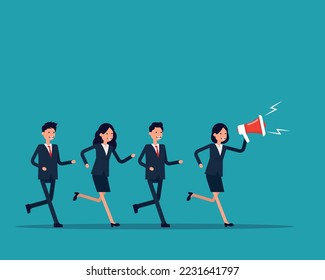 Leader running and shouting with megaphone with a group of follower behind. Marketing vector style