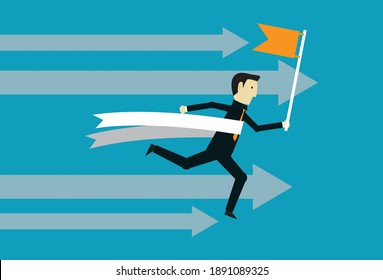 The leader runs to the finish line, Vector illustration in flat style