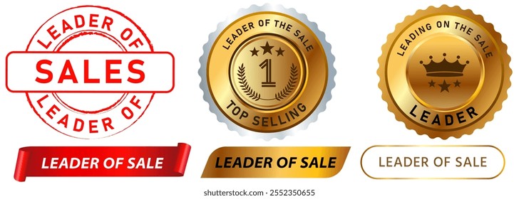 Líder de venta producto best seller empresa Cliente satisfaccion garantia sello líder de alta calidad insignias de oro rojo medalla emblema medalla cinta adhesiva etiqueta Anuncio grunge diseño texturizado conjunto de iconos