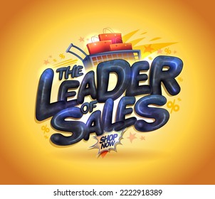 El líder de ventas vectoriales web banner o afiche de burla con letras brillantes