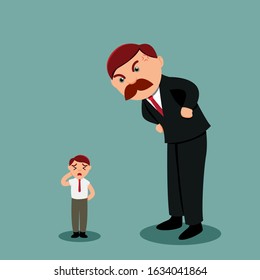 
The leader is scolding the offensive subordinate because of frequent mistakes. Flat design.