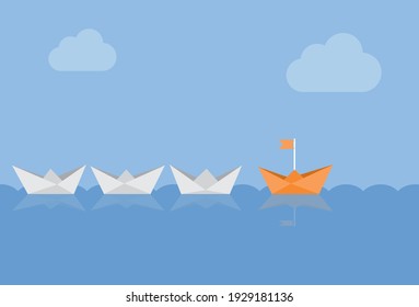 The leader ship leads the team convoy, Vector illustration in flat style