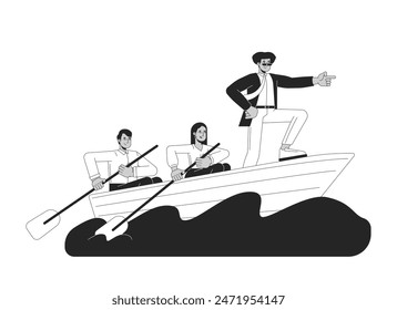 Leader showing way black and white cartoon flat illustration. Latin american man leading boat while colleagues paddling 2D lineart characters isolated. Teamwork scene vector color image