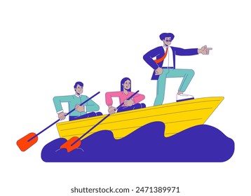 Leader showing way cartoon flat illustration. Latin american man leading boat while colleagues paddling 2D lineart characters isolated on white background. Teamwork scene vector color image