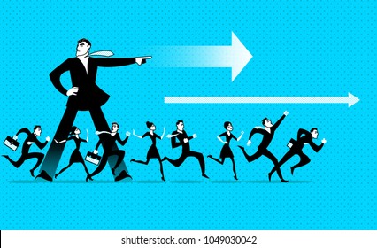 The leader shows the direction. All run forward. Vector illustration