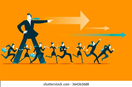 The leader shows the direction. All run forward. Vector illustration