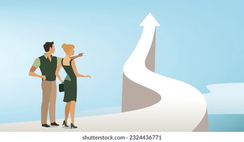 The leader shows the employee the possibility of successful career growth. Business vector illustration
