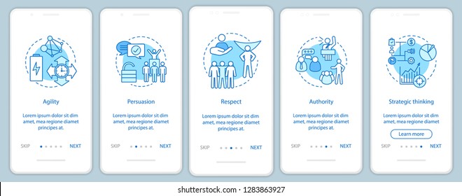 Leader skills onboarding mobile app page screen vector template. HR soft qualities, abilities. Respect, authority, persuasion walkthrough website steps. UX, UI, GUI smartphone interface concept
