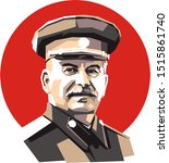 Leader of Soviet Union, Joseph Stalin, simple minimal color illustration on red round background