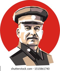 Líder de la Unión Soviética, Joseph Stalin, simple ilustración de color mínimo sobre fondo rojo redondo
