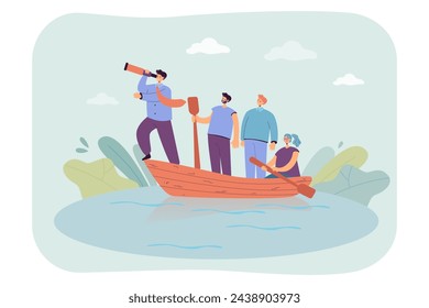 Leader with spyglass showing direction to team. Vector illustration. People sailing in boat. Leadership, leader infuence concept