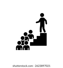 Leader Standing on Steps Ahead of Group Icon, Black Filled Leadership Symbol