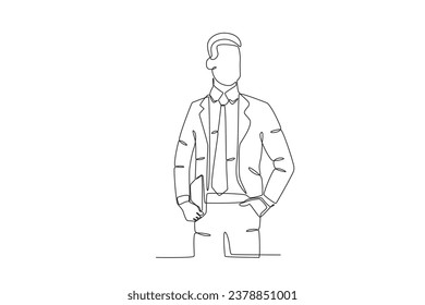 A leader stands holding a company file. Corporate leader one-line drawing