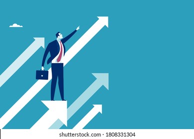 Leader stands on arrow and points direction upward. Concept business illustration.