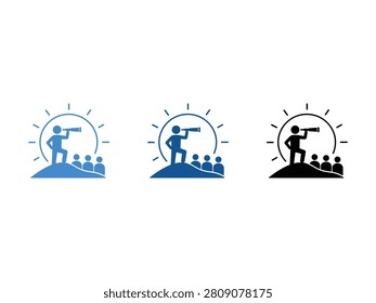 A leader stands on a hill looking through a telescope at a group of people below.