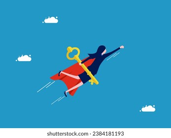 Leader of success. Businesswoman hero soars into the sky with a key